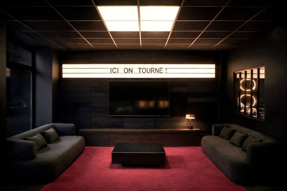 Le salon d’attente du studio, sous son panneau lumineux « ICI ON TOURNE ! »